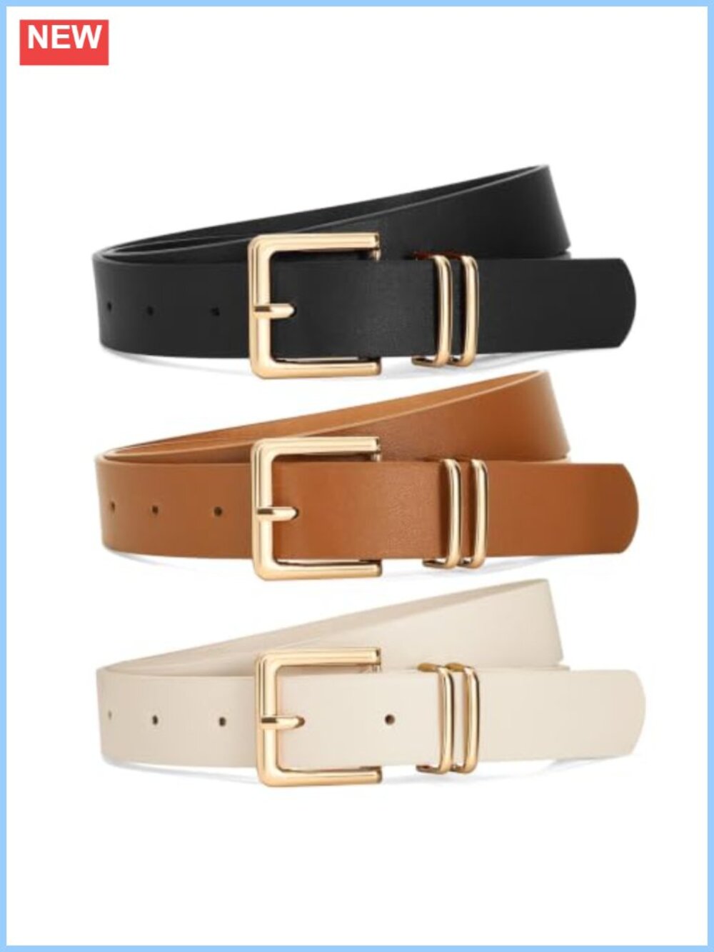3 Pack Women Faux Leather Belts Gold Square Buckle Waist Belt for Jeans